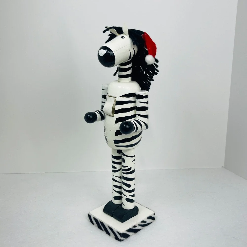 Zebra Wooden Nutcracker Christmas Decor Safari Animal Santa Hat 12 Inch